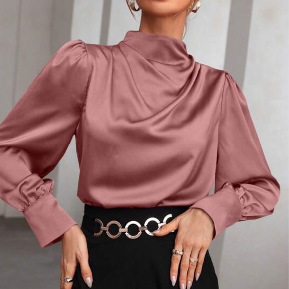 BellanBlue Tops - Luxe Mock neck Puff Sleeve Fitted Satin Top